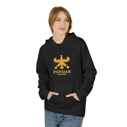 Personalised Casual Unisex Fleece Hoodie with Bold Graphic Print. Classic Persian Shahbaz Falcon Design. Triple Print.