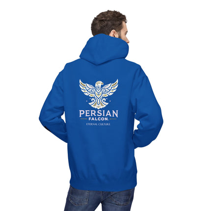 Personalised Casual Unisex Fleece Hoodie with Bold Graphic Print. Modern Persian Shahbaz Falcon Design. Triple Print.