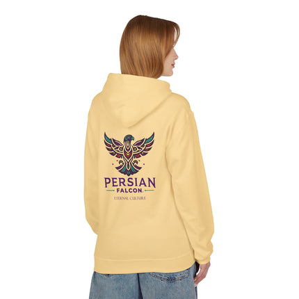 Personalised Casual Unisex Fleece Hoodie with Bold Graphic Print. Modern Persian Shahbaz Falcon Design. Triple Print.