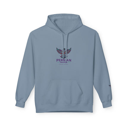 Personalised Casual Unisex Fleece Hoodie with Bold Graphic Print. Modern Persian Shahbaz Falcon Design. Triple Print.