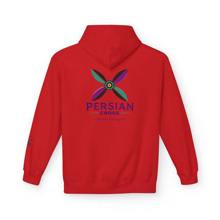 Personalised Casual Unisex Fleece Hoodie with Bold Graphic Print. Modern Persian Sassanid Cross. Triple Print.