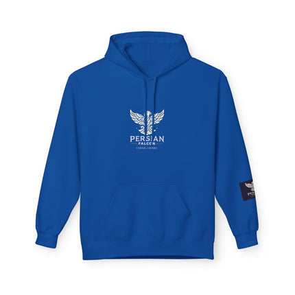 Personalised Casual Unisex Fleece Hoodie with Bold Graphic Print. Modern Persian Shahbaz Falcon Design. Triple Print.