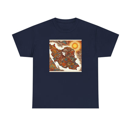 Personalised Persian Unisex T-Shirt – Rising Sun & Long Hair Design | Bohemian Freedom Culture Tee