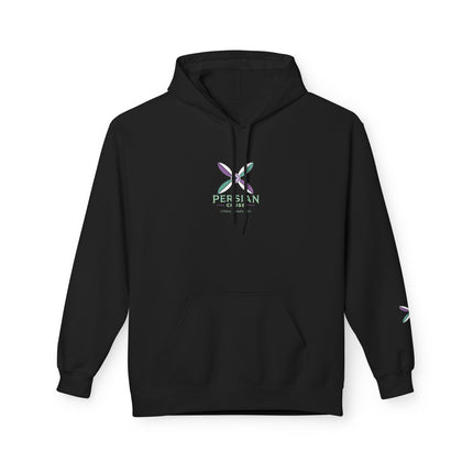 Personalised Casual Unisex Fleece Hoodie with Bold Graphic Print. Modern Persian Sassanid Cross. Triple Print.