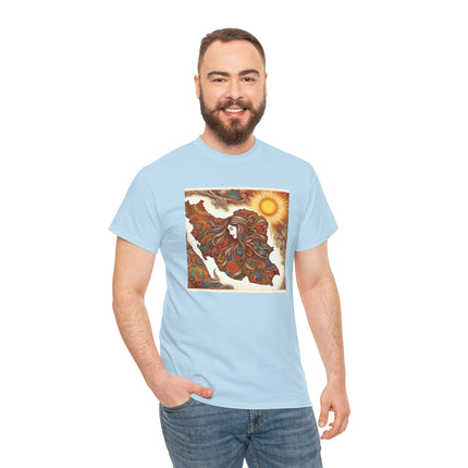 Personalised Persian Unisex T-Shirt – Rising Sun & Long Hair Design | Bohemian Freedom Culture Tee
