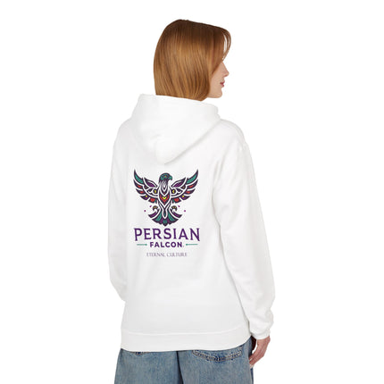 Personalised Casual Unisex Fleece Hoodie with Bold Graphic Print. Modern Persian Shahbaz Falcon Design. Triple Print.
