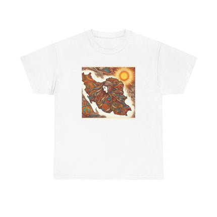 Personalised Persian Unisex T-Shirt – Rising Sun & Long Hair Design | Bohemian Freedom Culture Tee