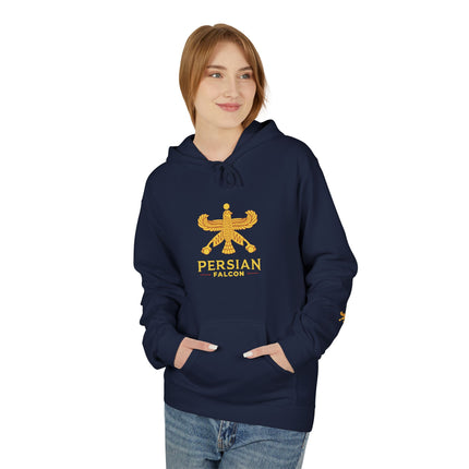 Personalised Casual Unisex Fleece Hoodie with Bold Graphic Print. Classic Persian Shahbaz Falcon Design. Triple Print.