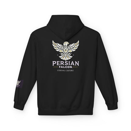 Personalised Casual Unisex Fleece Hoodie with Bold Graphic Print. Modern Persian Shahbaz Falcon Design. Triple Print.