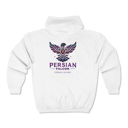 Personalised Unisex Heavy Blend™ Full Zip Hooded Sweatshirt. Modern Persian Shahbaz Falcon Design.