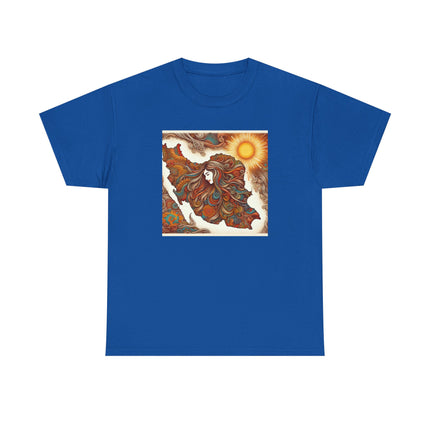 Personalised Persian Unisex T-Shirt – Rising Sun & Long Hair Design | Bohemian Freedom Culture Tee