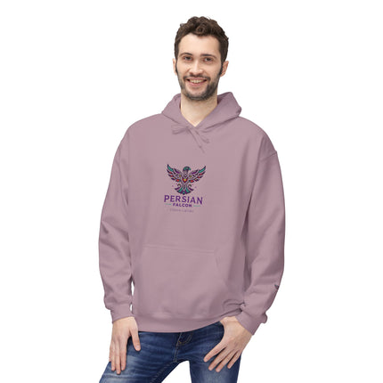 Personalised Casual Unisex Fleece Hoodie with Bold Graphic Print. Modern Persian Shahbaz Falcon Design. Triple Print.