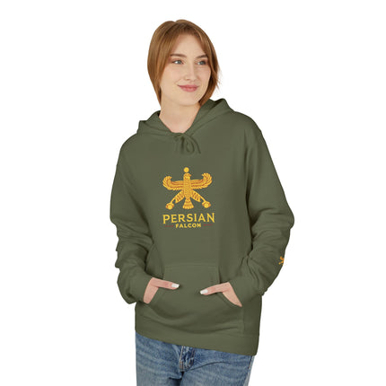 Personalised Casual Unisex Fleece Hoodie with Bold Graphic Print. Classic Persian Shahbaz Falcon Design. Triple Print.