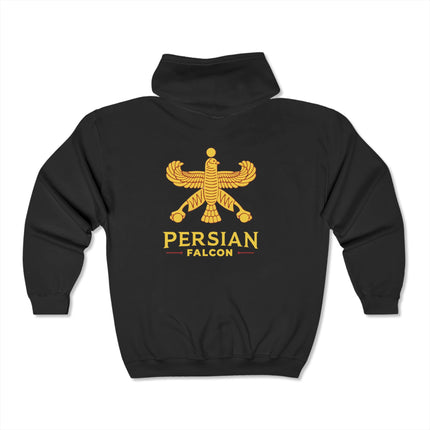 Personalised Unisex Heavy Blend™ Full Zip Hooded Sweatshirt. Classic Persian Shahbaz Falcon Design.