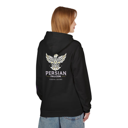 Personalised Casual Unisex Fleece Hoodie with Bold Graphic Print. Modern Persian Shahbaz Falcon Design. Triple Print.
