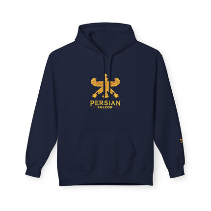 Personalised Casual Unisex Fleece Hoodie with Bold Graphic Print. Classic Persian Shahbaz Falcon Design. Triple Print.