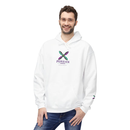 Personalised Casual Unisex Fleece Hoodie with Bold Graphic Print. Modern Persian Sassanid Cross. Triple Print.