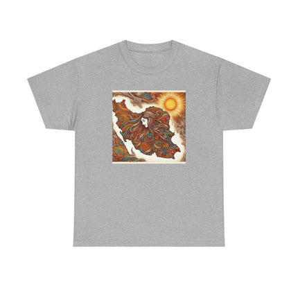 Personalised Persian Unisex T-Shirt – Rising Sun & Long Hair Design | Bohemian Freedom Culture Tee