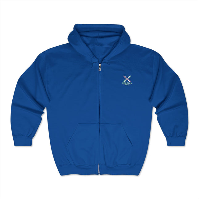 Personalised Unisex Heavy Blend™ Full Zip Hooded Sweatshirt. Modern Persian Sassanid CrossDesign.