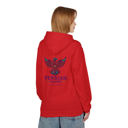 Personalised Casual Unisex Fleece Hoodie with Bold Graphic Print. Modern Persian Shahbaz Falcon Design. Triple Print.