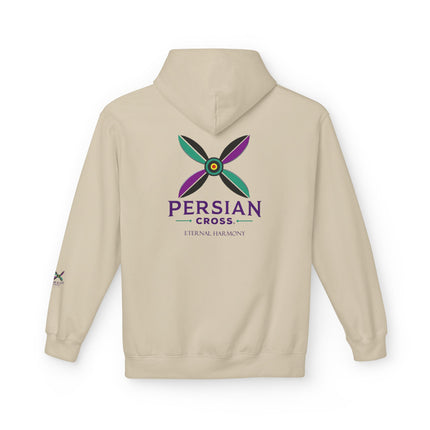 Personalised Casual Unisex Fleece Hoodie with Bold Graphic Print. Modern Persian Sassanid Cross. Triple Print.