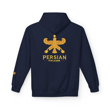 Personalised Casual Unisex Fleece Hoodie with Bold Graphic Print. Classic Persian Shahbaz Falcon Design. Triple Print.