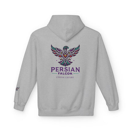 Personalised Casual Unisex Fleece Hoodie with Bold Graphic Print. Modern Persian Shahbaz Falcon Design. Triple Print.