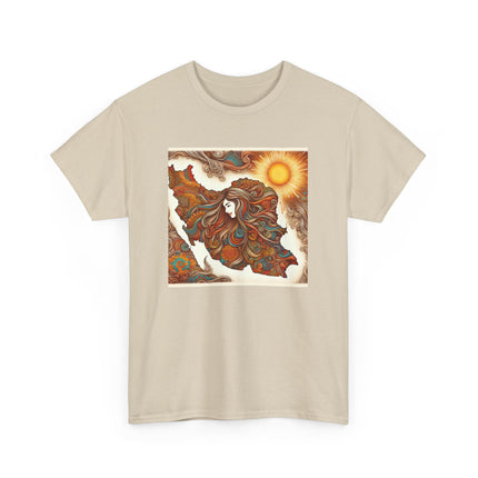Personalised Persian Unisex T-Shirt – Rising Sun & Long Hair Design | Bohemian Freedom Culture Tee