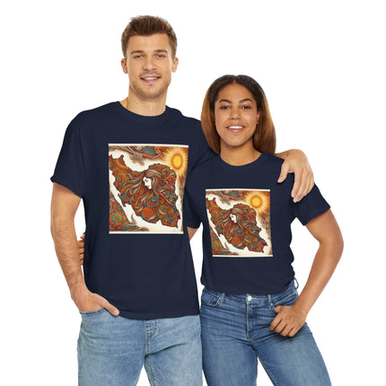 Personalised Persian Unisex T-Shirt – Rising Sun & Long Hair Design | Bohemian Freedom Culture Tee