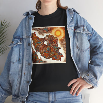 Personalised Persian Unisex T-Shirt – Rising Sun & Long Hair Design | Bohemian Freedom Culture Tee