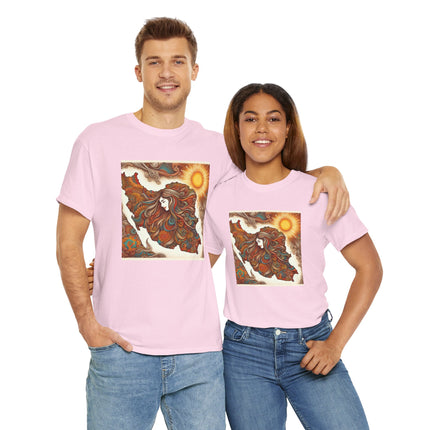 Personalised Persian Unisex T-Shirt – Rising Sun & Long Hair Design | Bohemian Freedom Culture Tee