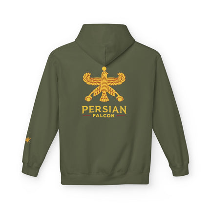 Personalised Casual Unisex Fleece Hoodie with Bold Graphic Print. Classic Persian Shahbaz Falcon Design. Triple Print.