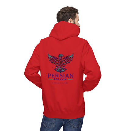 Personalised Casual Unisex Fleece Hoodie with Bold Graphic Print. Modern Persian Shahbaz Falcon Design. Triple Print.