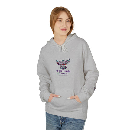 Personalised Casual Unisex Fleece Hoodie with Bold Graphic Print. Modern Persian Shahbaz Falcon Design. Triple Print.