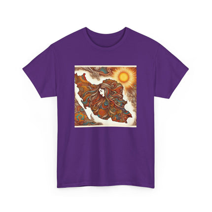 Personalised Persian Unisex T-Shirt – Rising Sun & Long Hair Design | Bohemian Freedom Culture Tee