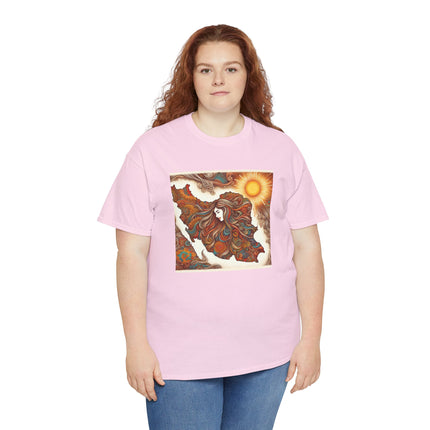 Personalised Persian Unisex T-Shirt – Rising Sun & Long Hair Design | Bohemian Freedom Culture Tee