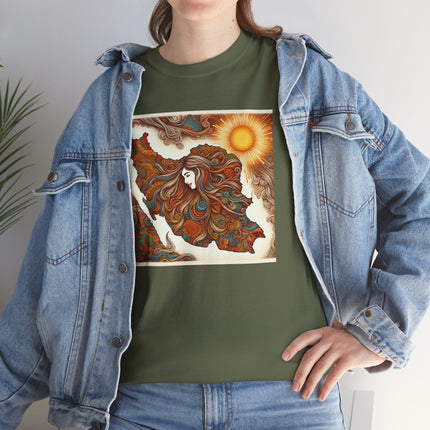 Personalised Persian Unisex T-Shirt – Rising Sun & Long Hair Design | Bohemian Freedom Culture Tee