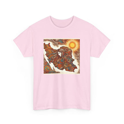 Personalised Persian Unisex T-Shirt – Rising Sun & Long Hair Design | Bohemian Freedom Culture Tee