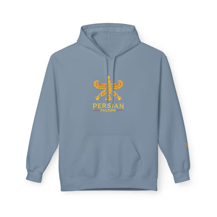 Personalised Casual Unisex Fleece Hoodie with Bold Graphic Print. Classic Persian Shahbaz Falcon Design. Triple Print.