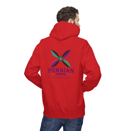 Personalised Casual Unisex Fleece Hoodie with Bold Graphic Print. Modern Persian Sassanid Cross. Triple Print.