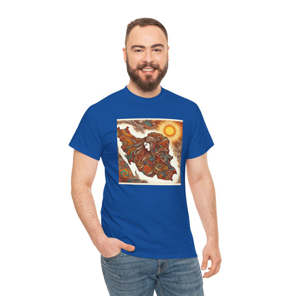 Personalised Persian Unisex T-Shirt – Rising Sun & Long Hair Design | Bohemian Freedom Culture Tee