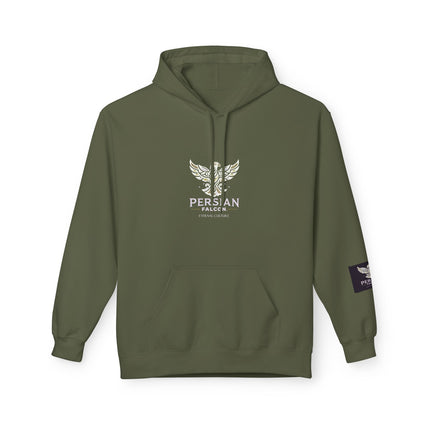 Personalised Casual Unisex Fleece Hoodie with Bold Graphic Print. Modern Persian Shahbaz Falcon Design. Triple Print.