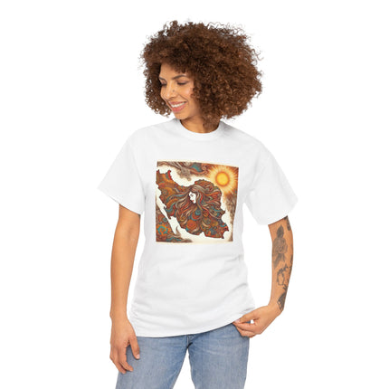 Personalised Persian Unisex T-Shirt – Rising Sun & Long Hair Design | Bohemian Freedom Culture Tee