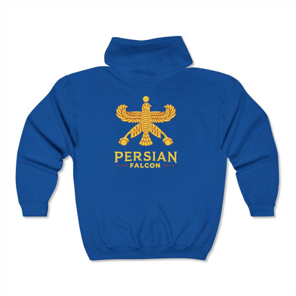 Personalised Unisex Heavy Blend™ Full Zip Hooded Sweatshirt. Classic Persian Shahbaz Falcon Design.