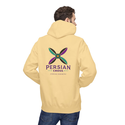 Personalised Casual Unisex Fleece Hoodie with Bold Graphic Print. Modern Persian Sassanid Cross. Triple Print.