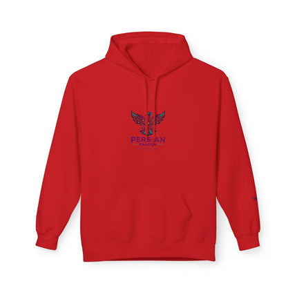 Personalised Casual Unisex Fleece Hoodie with Bold Graphic Print. Modern Persian Shahbaz Falcon Design. Triple Print.