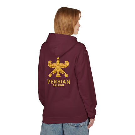 Personalised Casual Unisex Fleece Hoodie with Bold Graphic Print. Classic Persian Shahbaz Falcon Design. Triple Print.