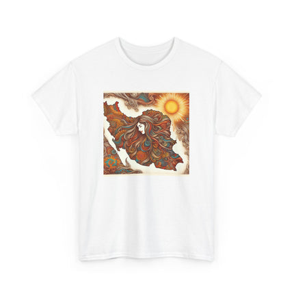 Personalised Persian Unisex T-Shirt – Rising Sun & Long Hair Design | Bohemian Freedom Culture Tee