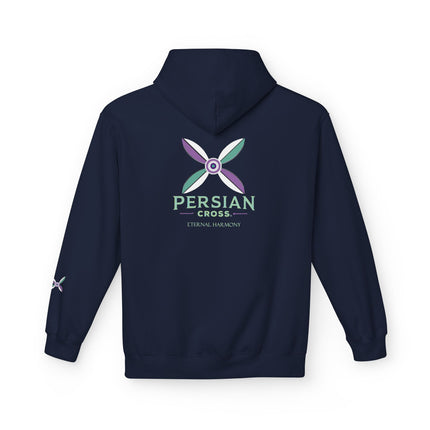 Personalised Casual Unisex Fleece Hoodie with Bold Graphic Print. Modern Persian Sassanid Cross. Triple Print.