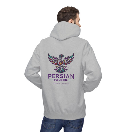 Personalised Casual Unisex Fleece Hoodie with Bold Graphic Print. Modern Persian Shahbaz Falcon Design. Triple Print.